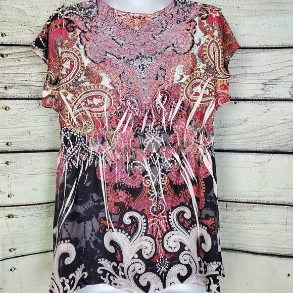 Live and Let Live Women’s L Boho Paisley Lace Back Short Sleeve Tunic Top Black - Picture 4 of 8
